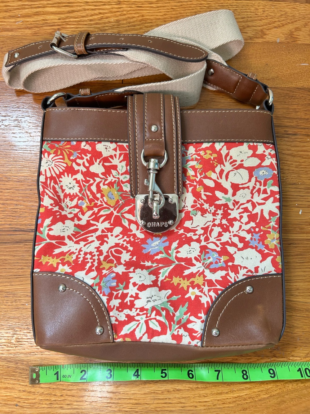 CHAPS Red Floral Canvas Crossbody Bag with Brown Leather Trim Vintage Like new